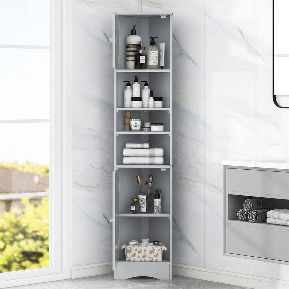 Boyel Living 9.4 in. W x 14.6 in. D x 66.9 in. H Gray MDF Linen Cabinet with Adjustable Shelf 2 Doors (2)
