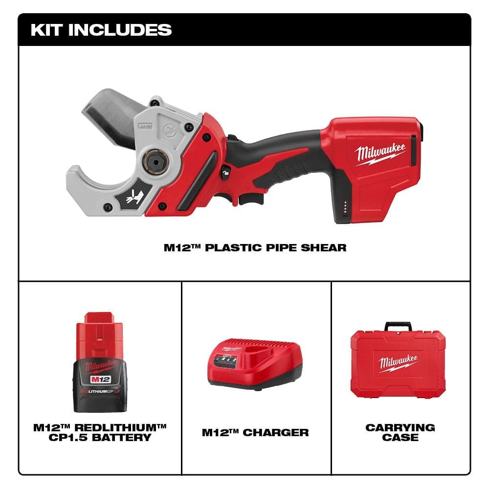 Milwaukee M12 12-Volt Lithium-Ion Cordless PVC Shear Kit with One 1.5 Ah Battery, Charger and Hard Case w/M12 ROVER Service Light (2)