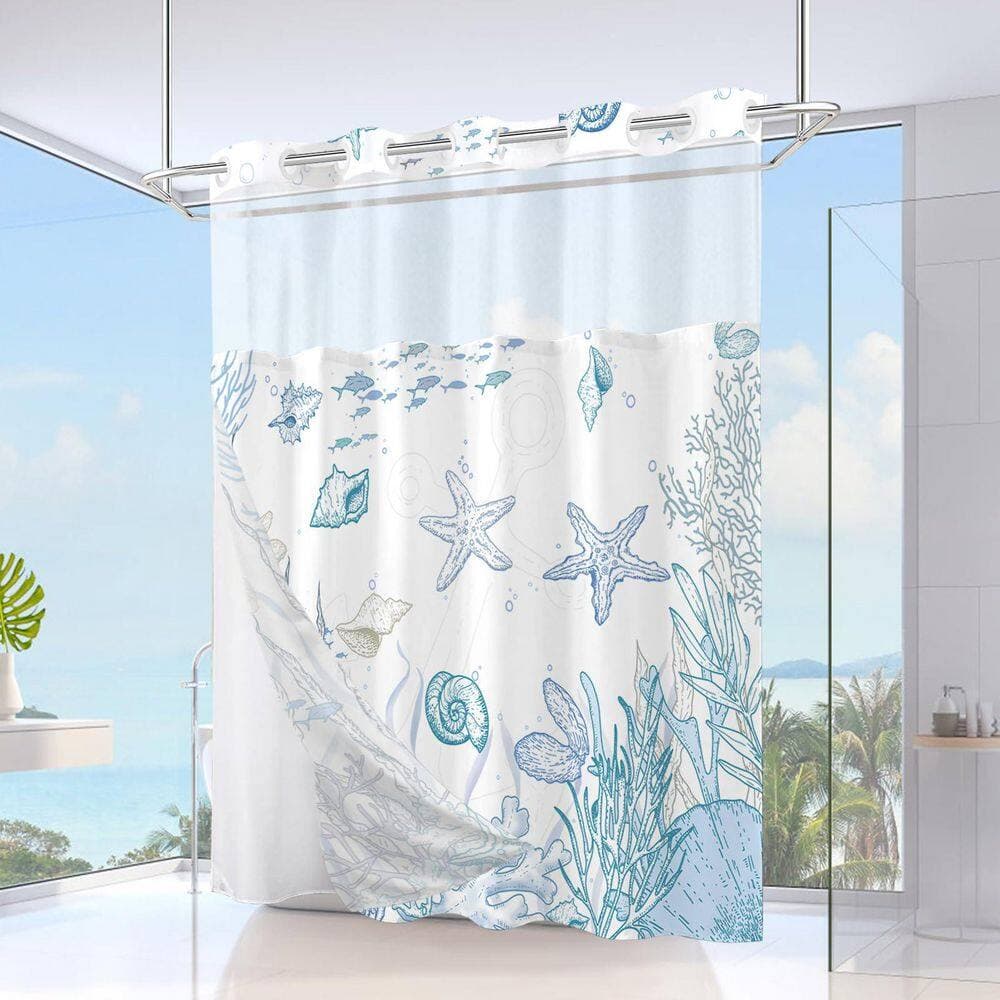 Anqtovp 71 in. W x 74 in. L Polyester Shower Curtain in Blue Coastal Ocean Nautical Seashell Waterproof Washable Set (3)