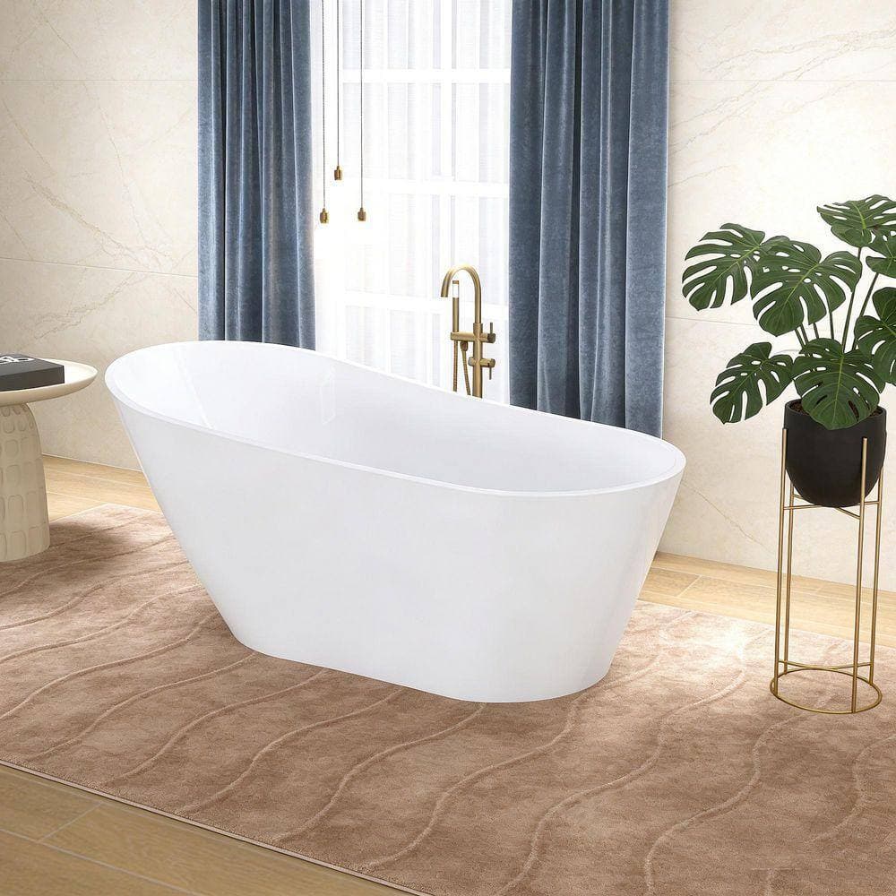Staykiwi 59.06 in. x 29.53 in. Glossy White Acrylic Freestanding Soaking Bathtub with Chrome Reversible Drain (3)