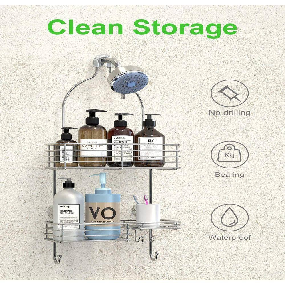 Dracelo 12.6 in. W x 4.7 in. D x 28.2 in. H Silver Shower Head Caddy, Rustproof Bathroom Shower Shelf Organizer (2)