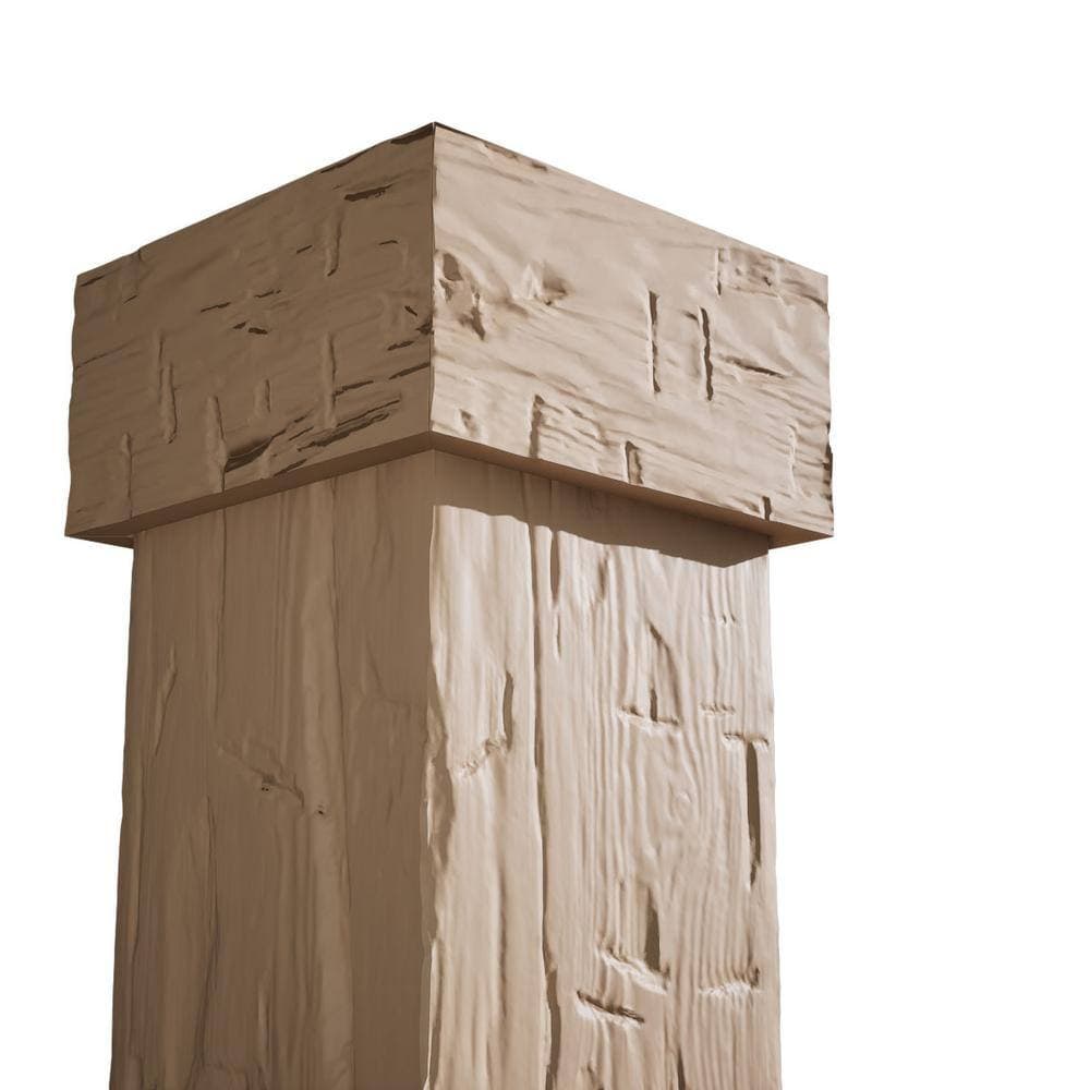Ekena Millwork 14 in. x 9 ft. Hand Hewn Endurathane Faux Wood Non-Tapered Square Column Wrap w/ Standard Capital & Base (3)