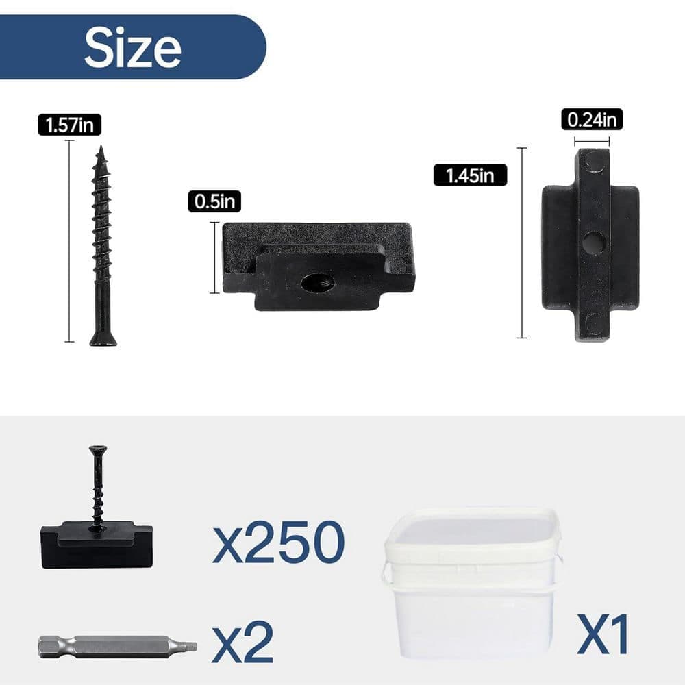 Afoxsos Nylon Black Hidden Fasteners Universal Decking Clips Preloaded T Clips for Composite Deck Boards (250-Pack) (2)