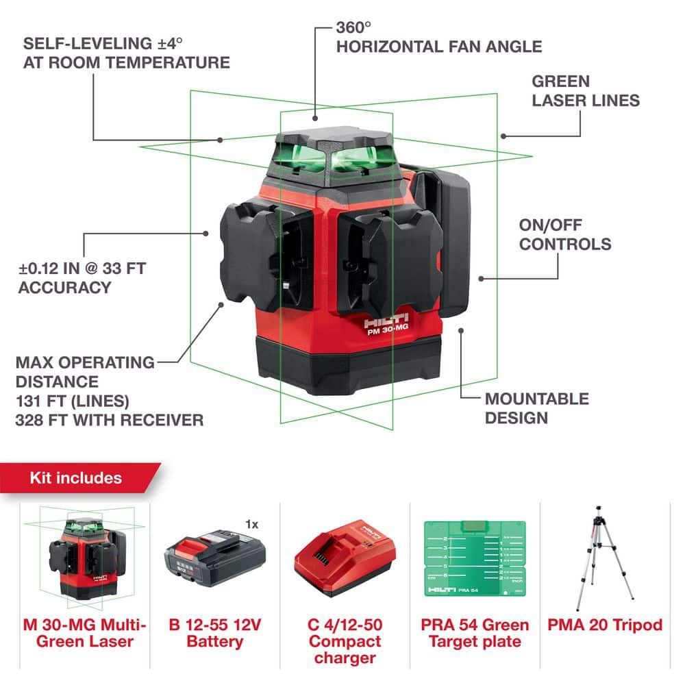 Hilti PM 30-MG 12-Volt Multi-Green Line Laser 131 ft. w/Target Plate,Tripod, Battery, Charger and Case (2)