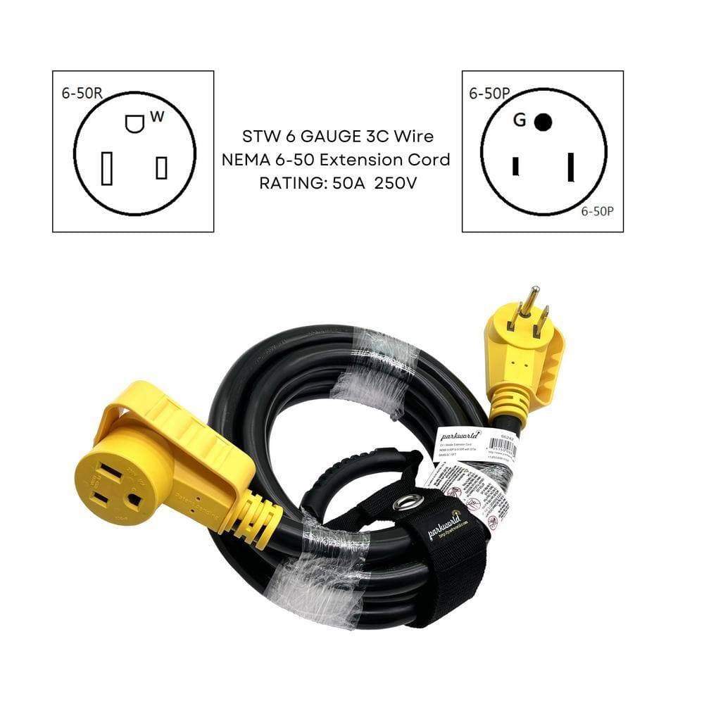 parkworld 15 ft. 6/3 Heavy Duty 50 Amp 250-Volt Outdoor NEMA 6-50 Welder/EV Extension Cord with Handle and Lighted End, Black (3)