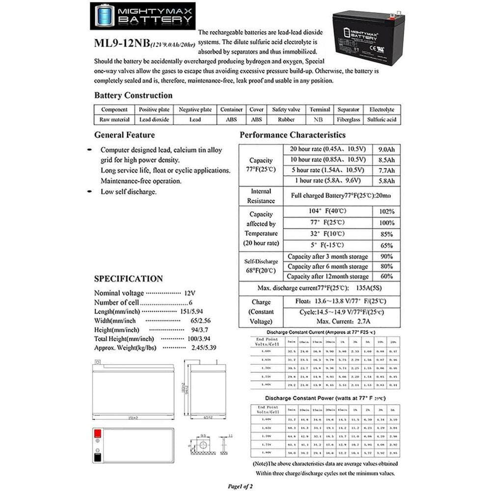 MIGHTY MAX BATTERY 12-Volt 9 Ah SLA (Sealed Lead Acid) Nut and Bolt Terminal AGM Type Replacement Battery for UPS Systems (4)