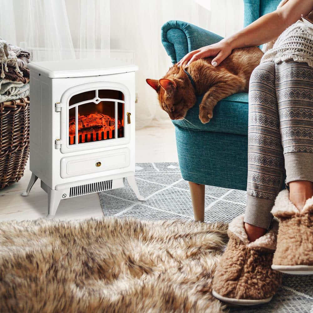 Siavonce 11 in. Freestanding Fire Place Stove Heater with Realistic LED Flames and Logs, and Overheating Protection, White (1)