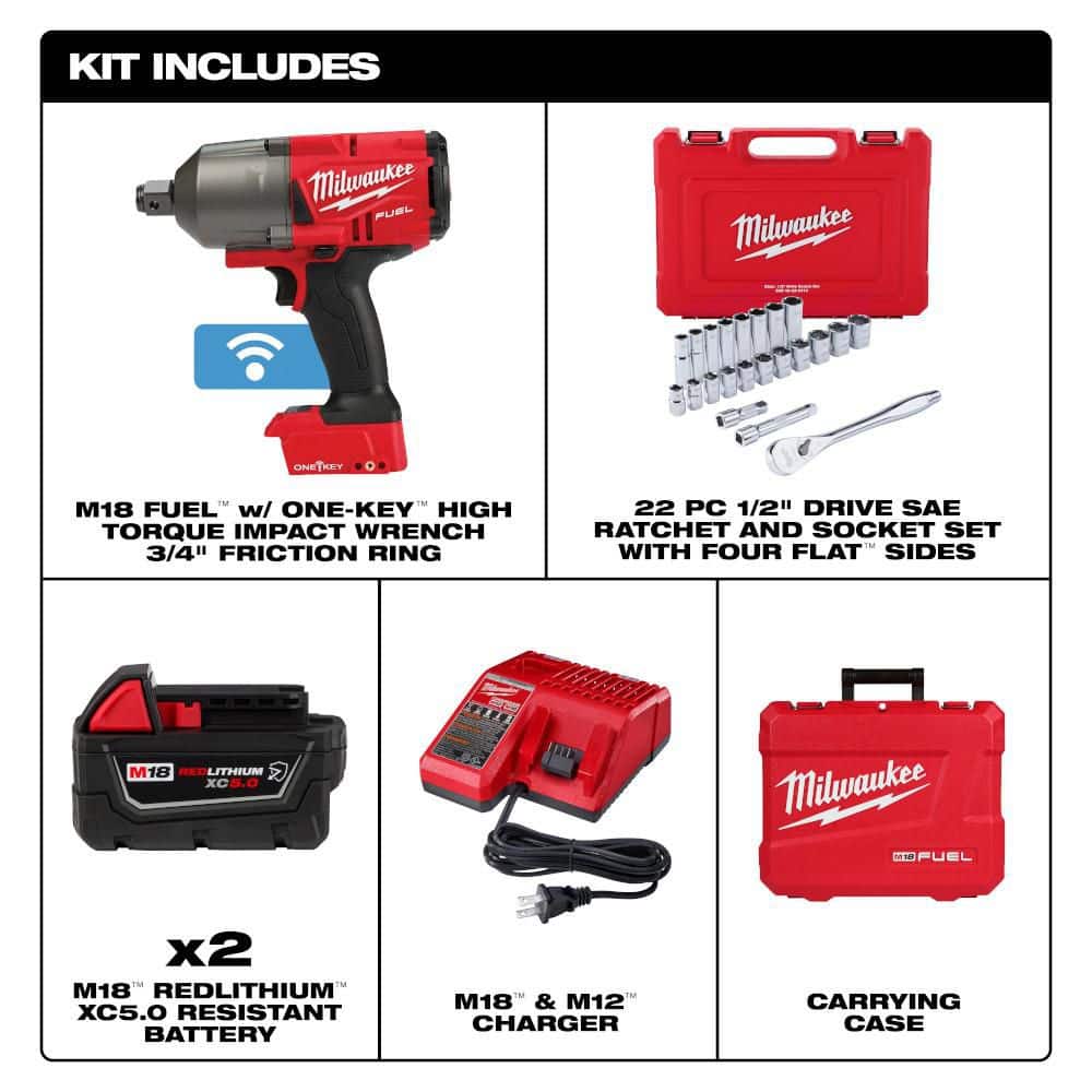 Milwaukee M18 FUEL ONE-KEY 18V Li-Ion Brushless Cordless 3/4 in. High-Torque Impact Wrench Kit w/ Mechanics Tool Set (2)
