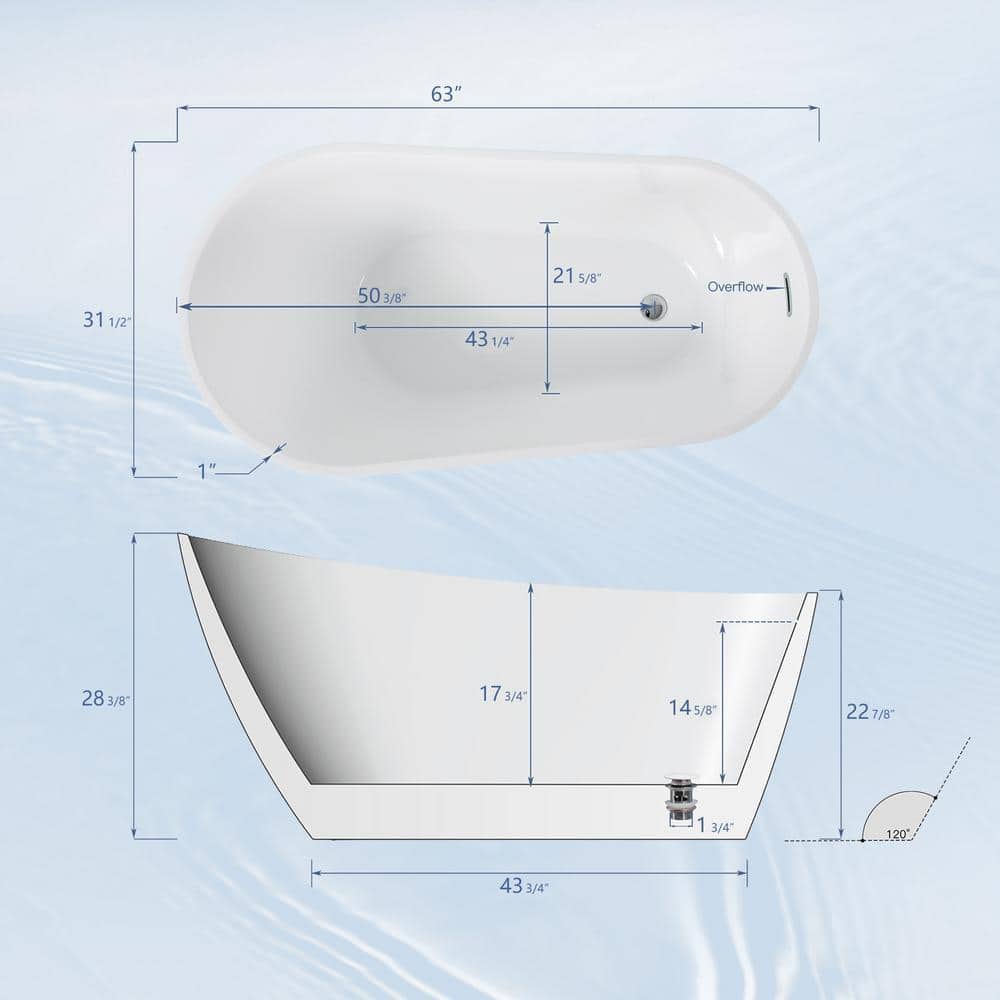 UPIKER 63 in. Acrylic Freestanding Flatbottom Soaking Non-Whirlpool Single-Slipper Bathtub in White (3)
