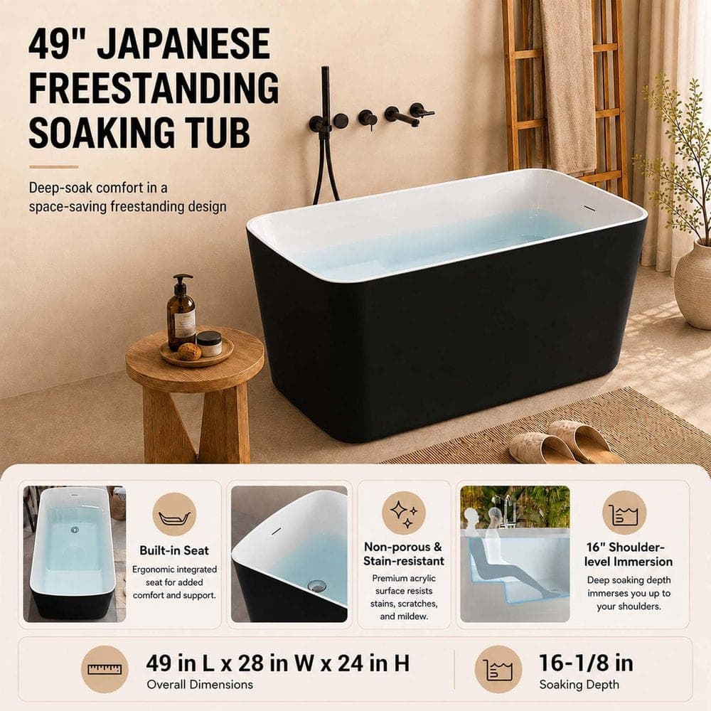 Bezeit 49 in. x 27.95 in. Acrylic Freestanding Soaking Bathtub with Left Drain in Black/Polished Chrome, Japanese Sit-In Design (2)