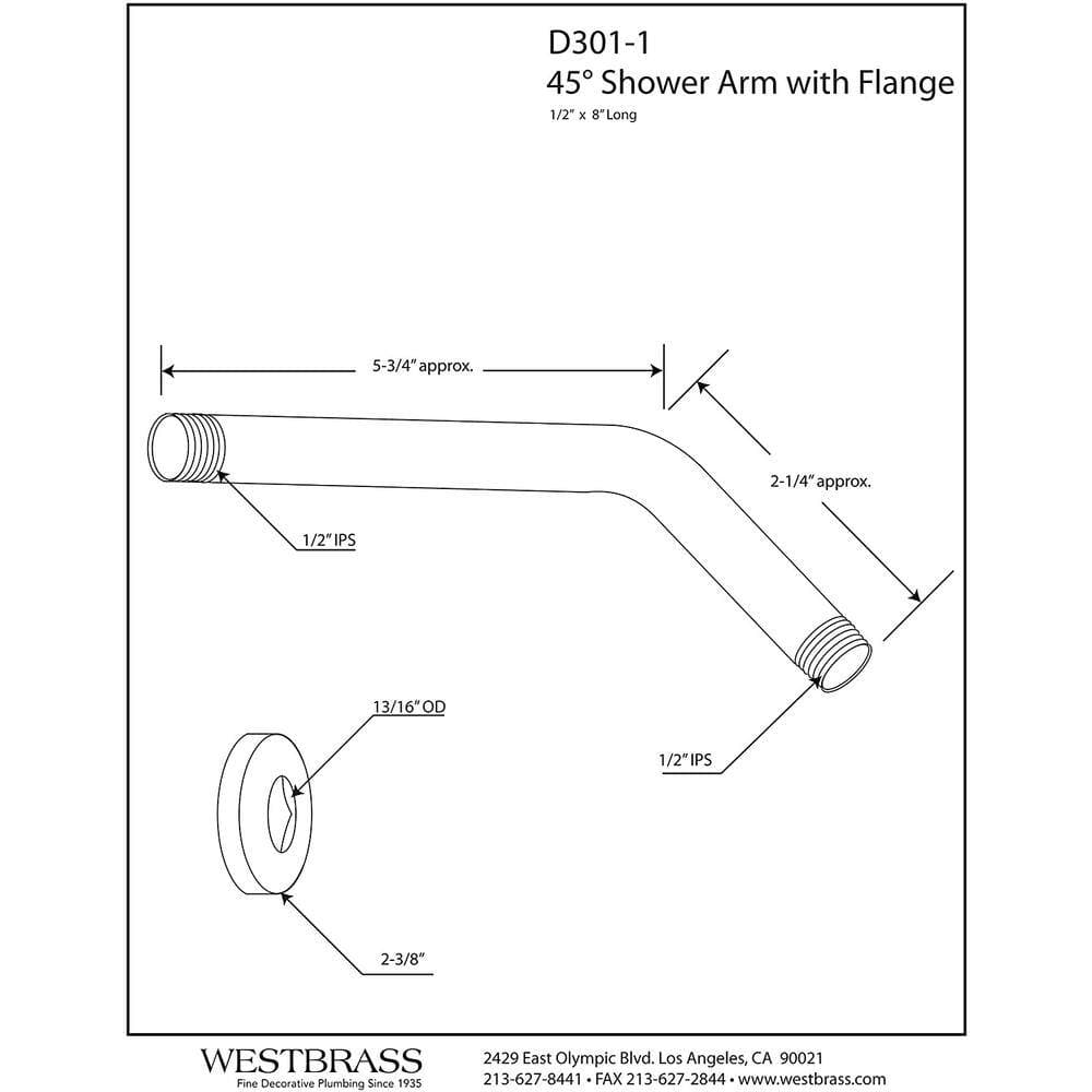 Westbrass 1/2 in. IPS x 8 in. Brass Shower Arm with Flange, Matte Black (2)
