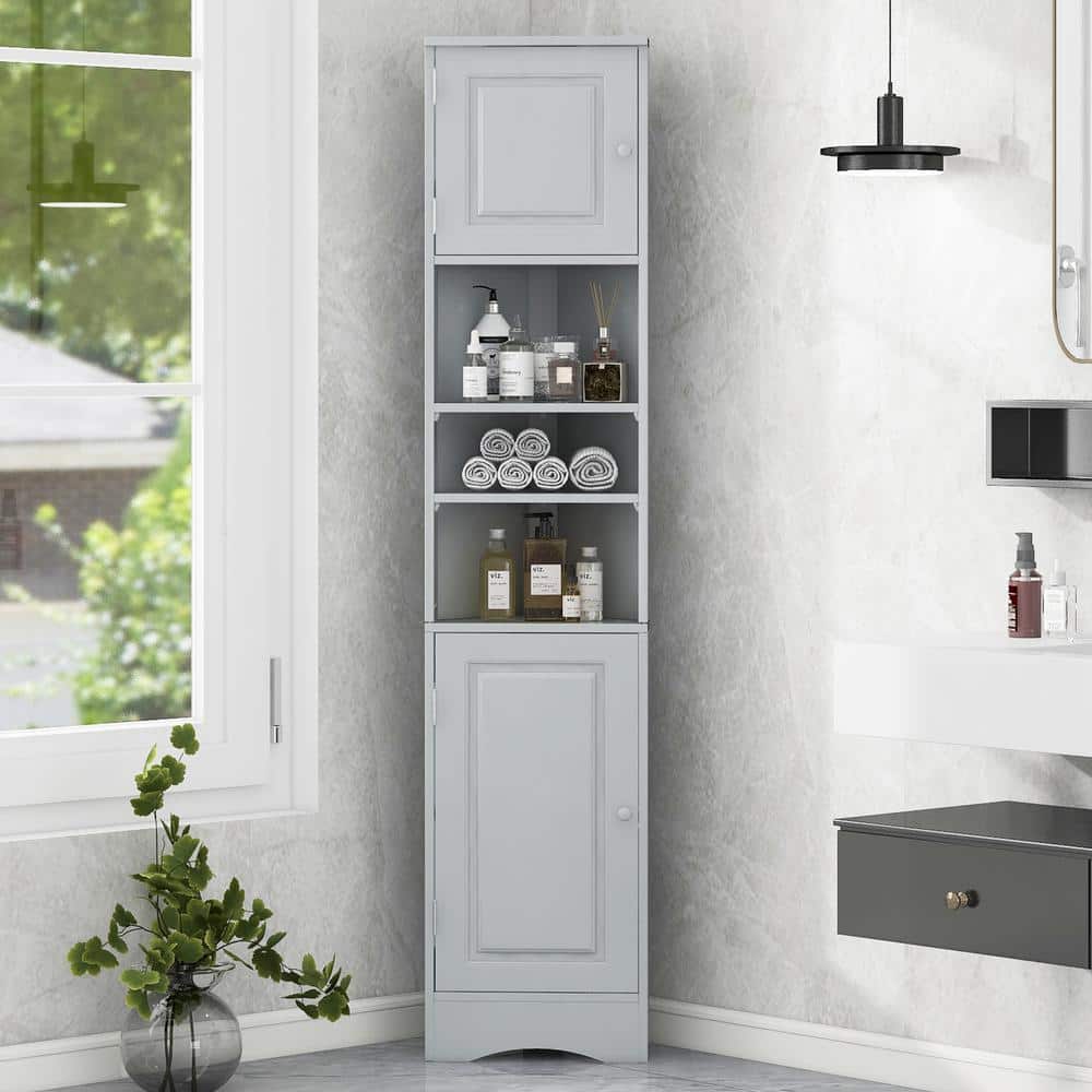 YSQCAR 15 in. W x 10 in. D x 67 in. H Freestanding Gray Linen Cabinet with 2-Doors and Adjustable Shelves (1)