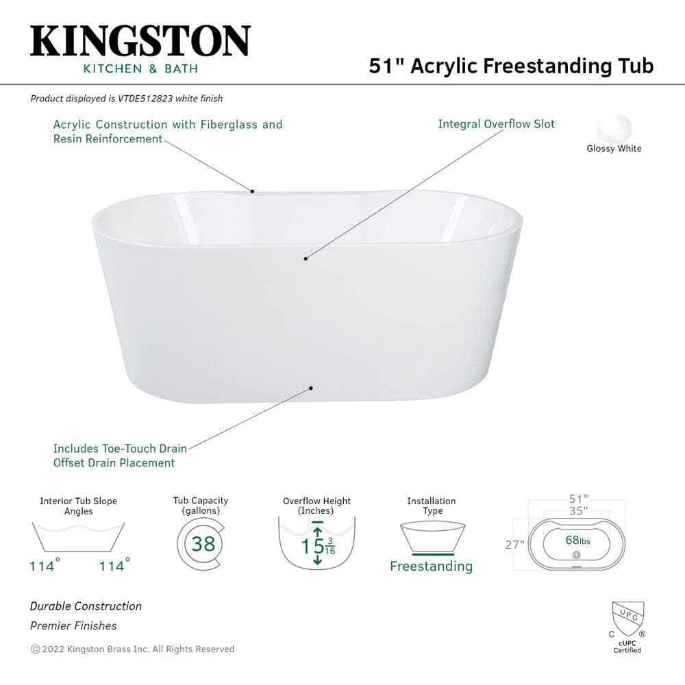 Kingston Brass Aqua Eden 51 in. 27 in. Acrylic Freestanding Soaking Bathtub with Drain (2)