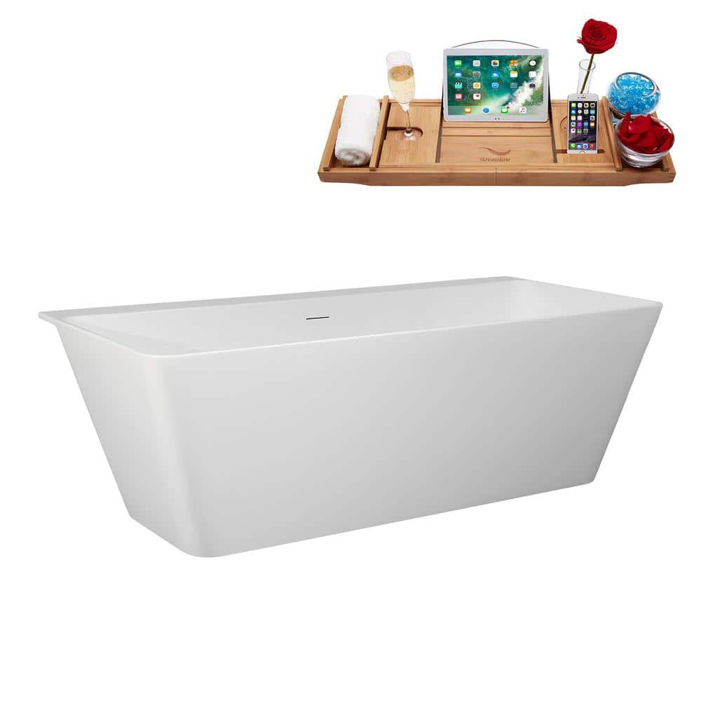 Streamline 67 in. x 32 in. Acrylic Freestanding Soaking Bathtub in Glossy White With Matte Black Drain, Bamboo Tray (2)