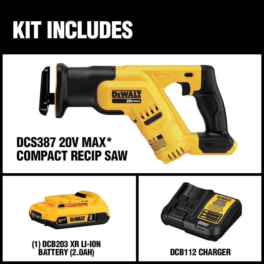 DEWALT 20-Volt MAX Lithium-Ion Cordless Compact Reciprocating Saw with (1) 20-Volt Battery 2.0 Ah and Charger (2)