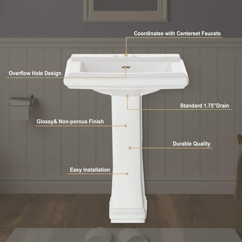Kuomih 26 in. White Ceramic Pedestal Sink with 26.5 in. Base in White (3)