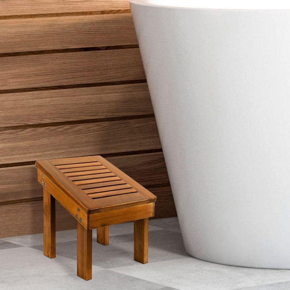 Dracelo 11.8 in. D x 10 in. W x 11.8 in. H Teak Wood Bathroom Shower Bench Seat with Storage Shelf (3)