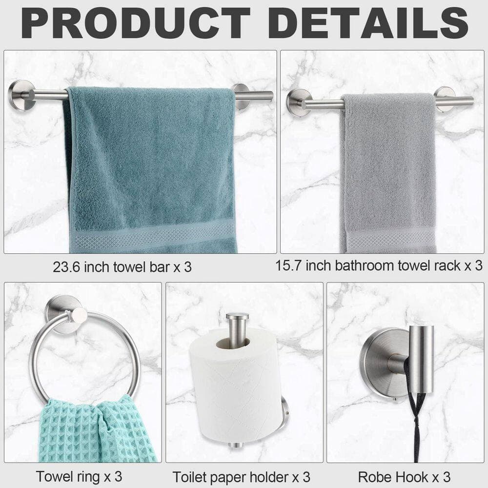 LAIFUCAM 15-Piece Bathroom Hardware Set with Towel Bars, Towel Racks, Rings, Toilet Paper Holders, Robe Hooks in Brushed Nickel (3)