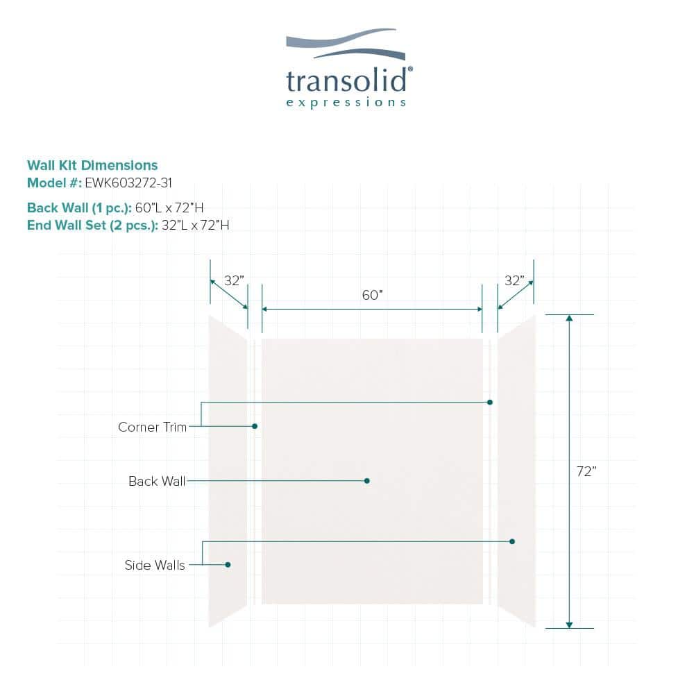 Transolid Expressions 32 in. x 60 in. x 72 in. 3-Piece Easy Up Adhesive Alcove Shower Wall Surround in White (3)