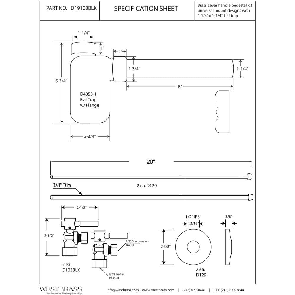 Westbrass 1/2 in. IPS Lever Handle Angle Stop Complete Pedestal Sink Installation Kit (2)