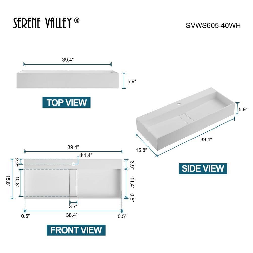 SERENE VALLEY 40 in. Wall-Mount or Countertop Bathroom Hidden Drain Sink with Single Faucet Holes (4)