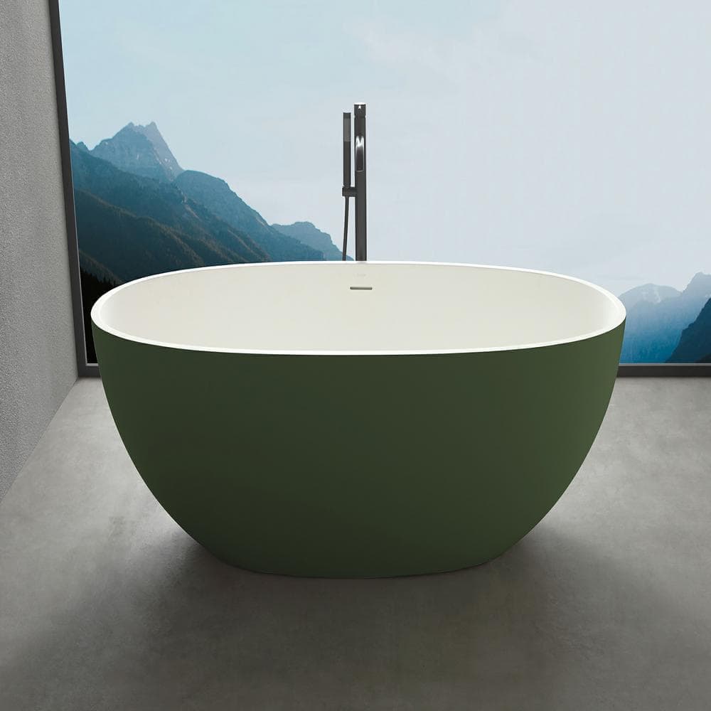 JimsMaison 65 in. x 30 in. Stone Resin Soaking Bathtub with Center Drain in White and Green (3)