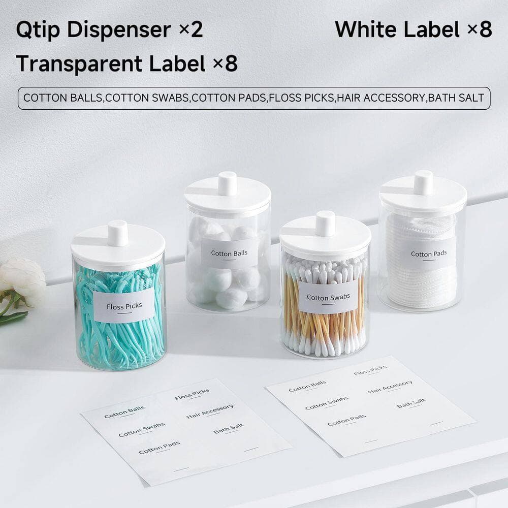 Numhew 2-Pack Glass Q-Tip Holder Dispenser 10 oz. Clear Canister Apothecary Jar, Bathroom Vanity Storage Organizer Set in White (3)