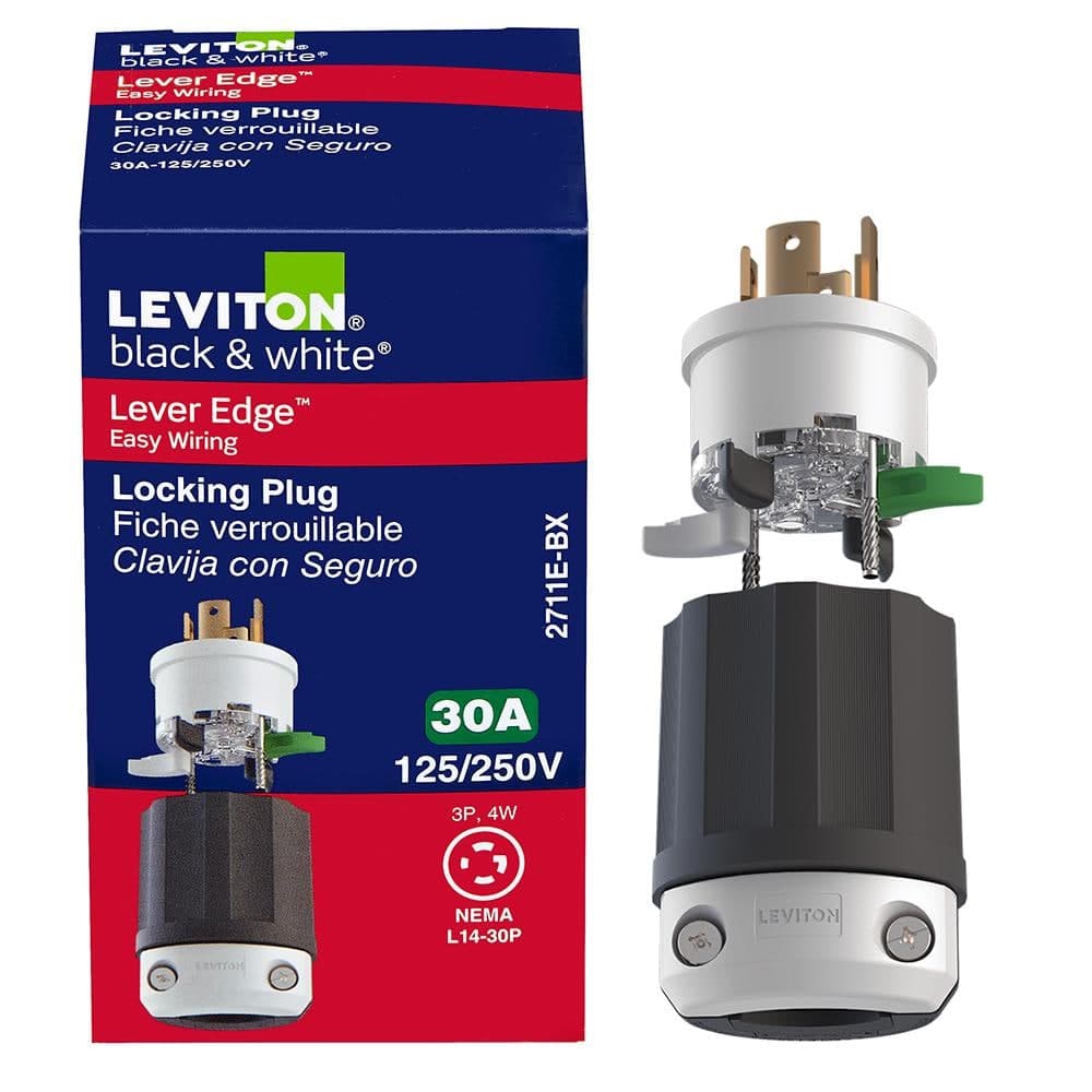 Leviton Black and White Lever Edge Easy Install 30 Amp 125/250-Volt Locking Plug, NEMA L14-30P, 3P,4W, Industrial Grade 2711E-BX (1)