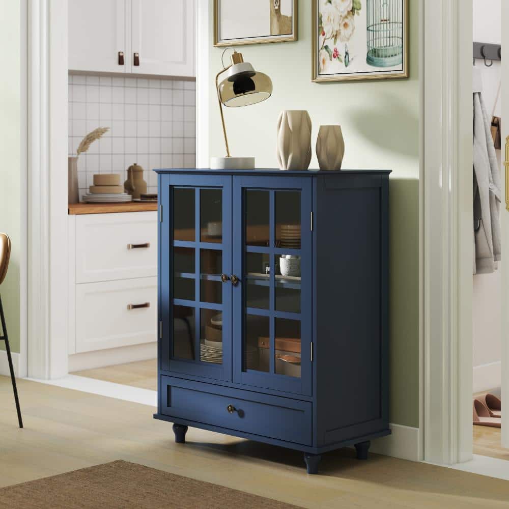 COWLOWN 28 in. W x 15 in. D x 36.22 in. H Blue Linen Cabinet with Double Glass Doors and Drawer (2)