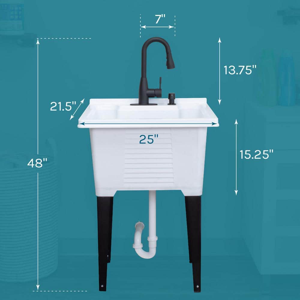 TEHILA 25 in. x 21.5 in. ABS Plastic Freestanding Utility Sink in White - Matte Black Pull-Down Faucet, Soap Dispenser (3)