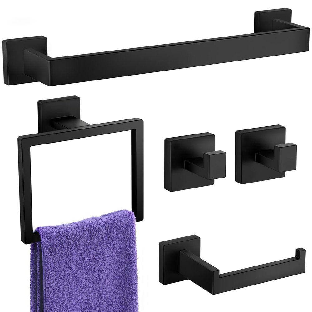 JFVKAF 5-Piece Bathroom Hardware Set with Towel Bar, Towel Ring, Toilet Paper Holder, Hooks in Matte Black (3)