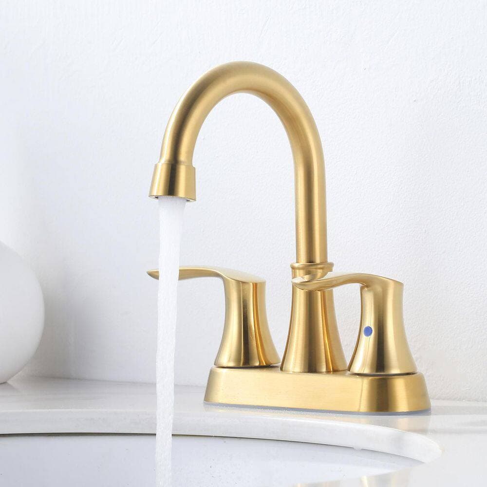 IVIGA 4 in. Centerset Double Handle High Arc Bathroom Faucet with Pop Up Drain and Supply Lines Included in Brushed Gold (2)
