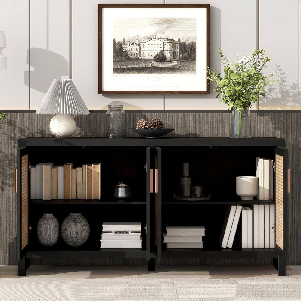 Unbranded 59.1 in. W x 13.8 in. D x 30 in. H Black Wood Linen Cabinet with PE Rattan Doors and Adjustable Shelves (2)