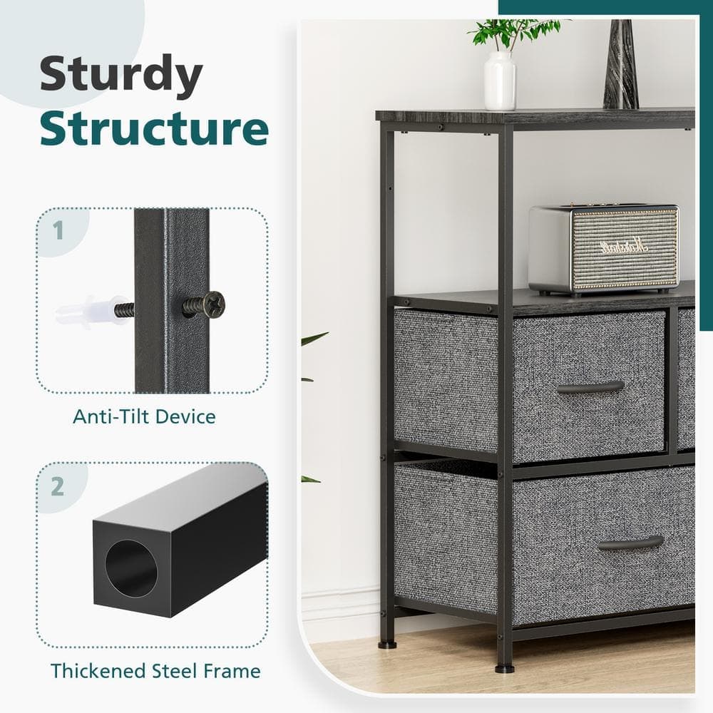 Tileon 39 in. W 12 in. D 31 in. H Gray Wood Freestanding Linen Cabinet 5-Drawer Dresser with Open Shelf and Adjust Feet (3)