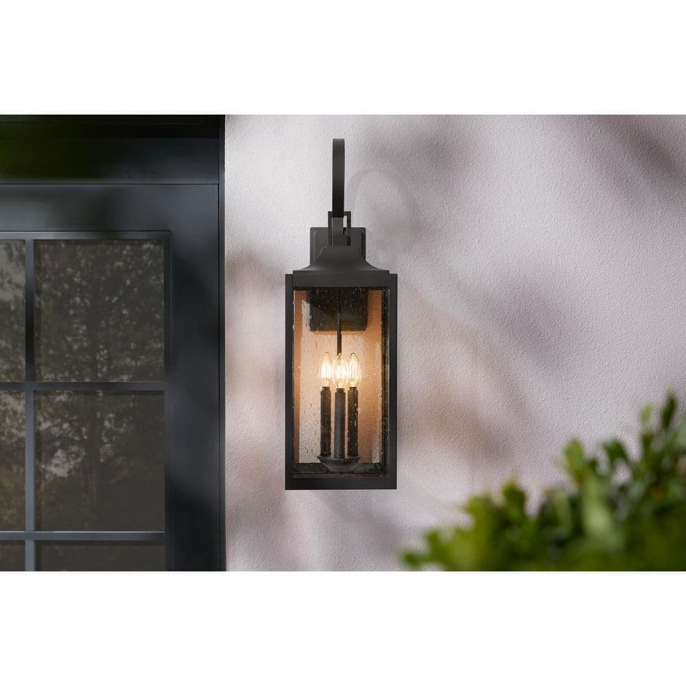 Home Decorators Collection Havenridge 27.8 in. 3-Light Matte Black Hardwired Outdoor Wall Light Lantern Sconce with Seeded Glass (1-Pack)
