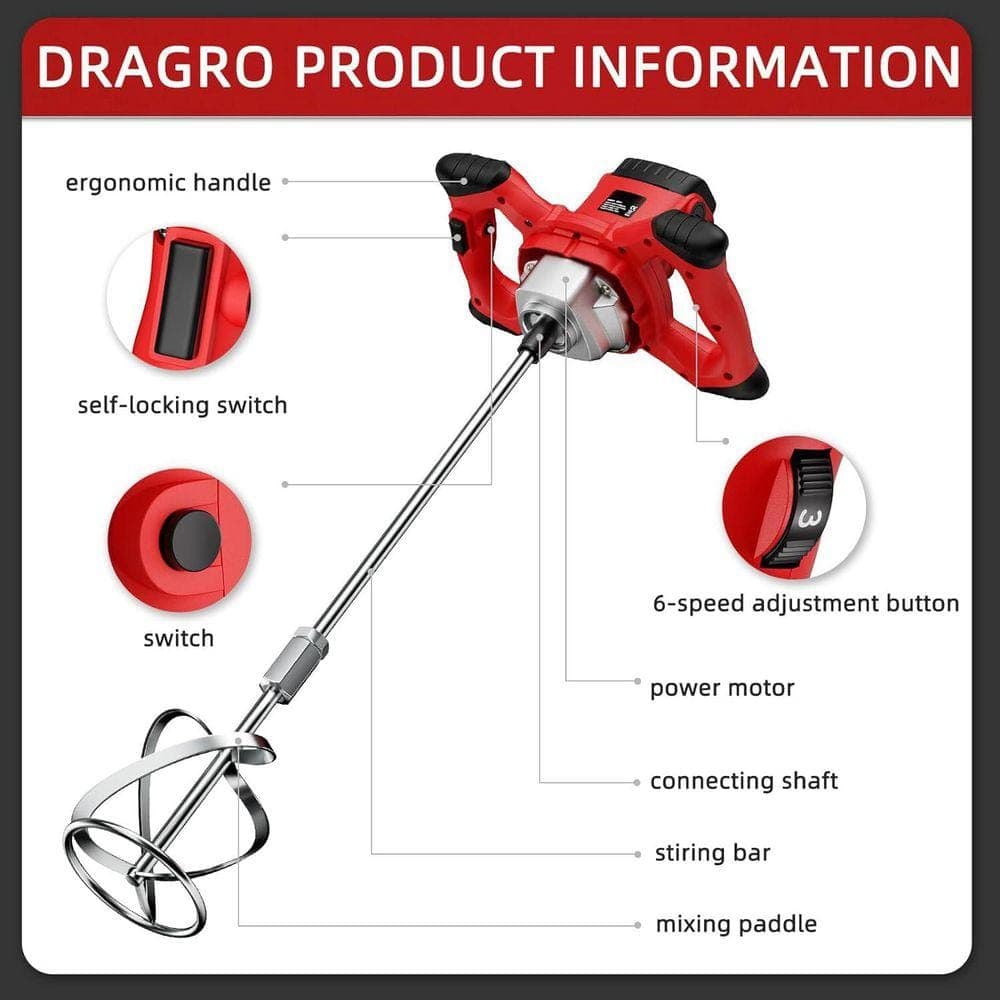 KIWDZFU 2100-Watts Handheld Electric Cement Mixer with 6 Speed Portable Mortar Mixer for Mud Plaster Paint 2 Mixing Heads (3)