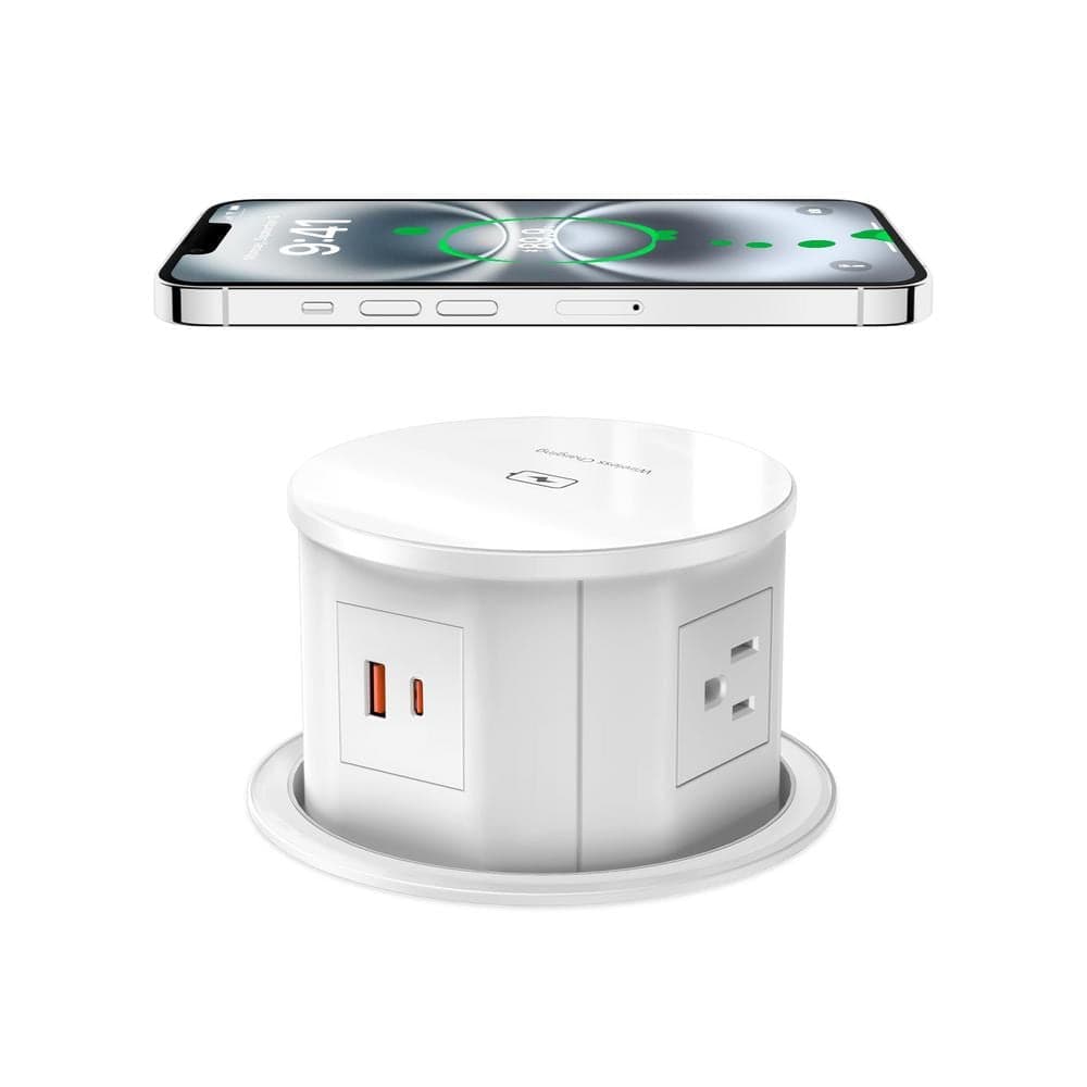 Ahfiwaso 6 ft. Extension Cord 4-Outlet Pop-up Surge Protector Outlet in White with 15-Watt Wireless Charger and 20-Watt USB Ports (1)