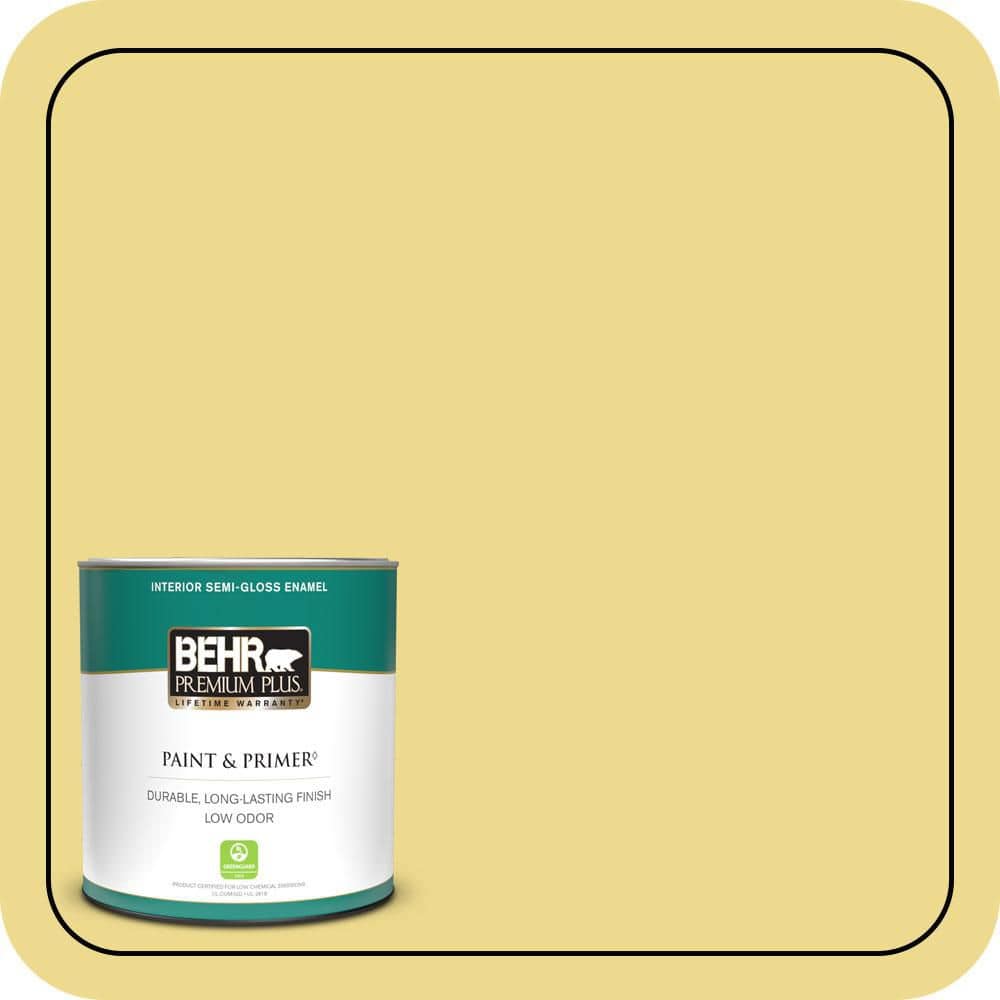 BEHR PREMIUM PLUS 1 qt. #P320-4 Pineapple Crush Semi-Gloss Enamel Low Odor Interior Paint & Primer
