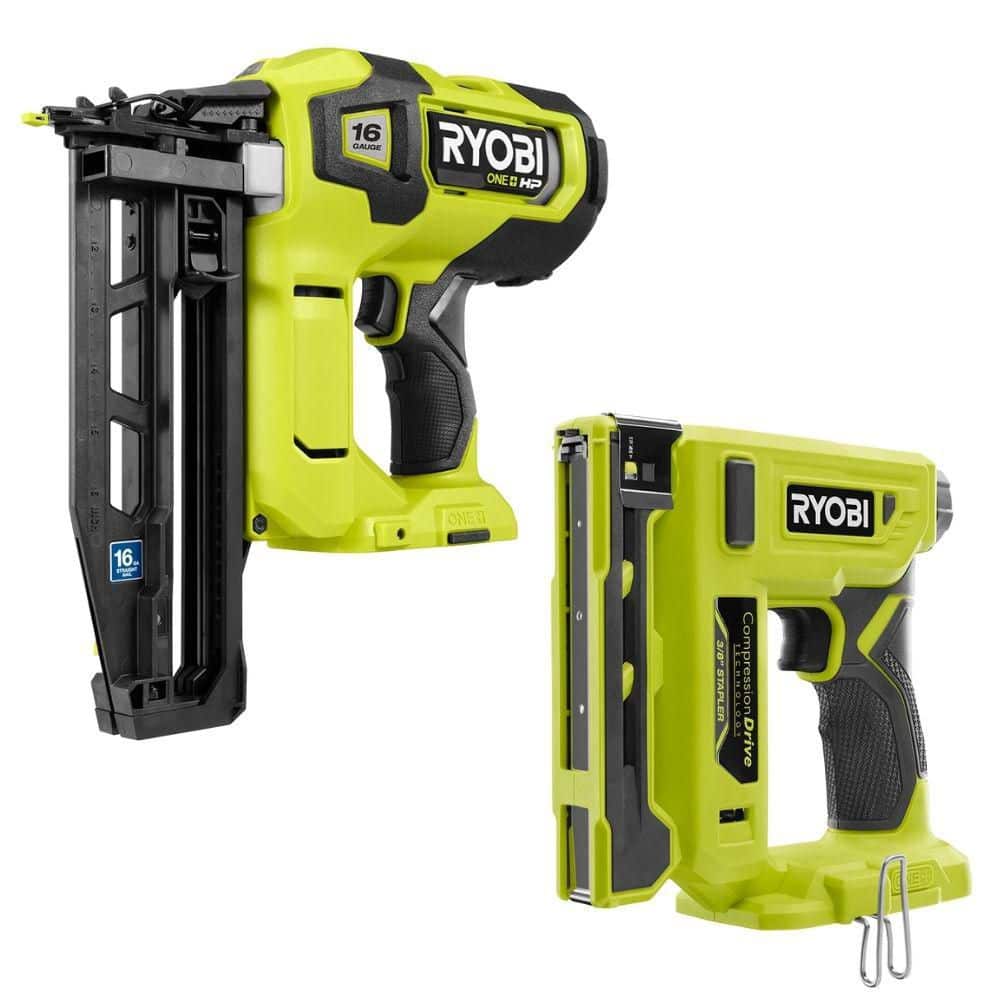 RYOBI ONE+ HP 18V Brushless Cordless 16-Gauge Straight Finish Nailer (Tool Only) with ONE+ 18V Cordless 3/8 in. Crown Stapler