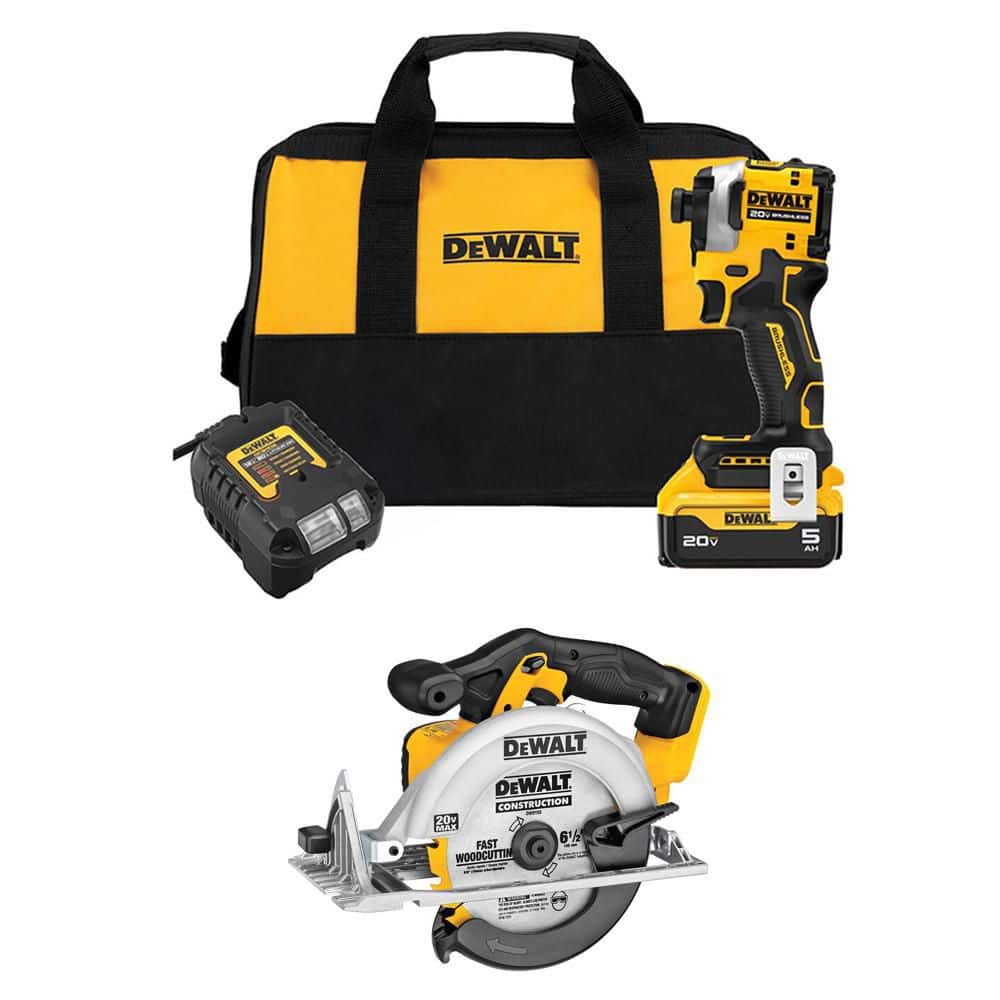 DEWALT ATOMIC 20V MAX Lithium-Ion Cordless 1/4 in. Brushless Impact Driver Kit and 6.5 in. Circ Saw with 5Ah Battery & Charger