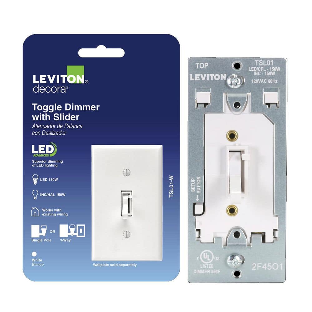Leviton Toggle Slide White LED Advanced Dimmer Switch for LED and Incandescent Bulbs, 150-Watt Single Pole or 3-Way, TSL01-00W (1)