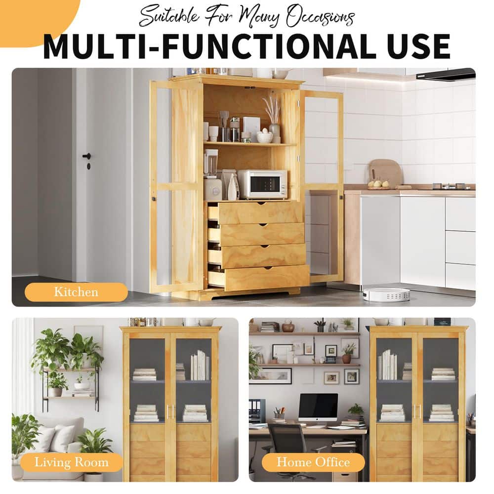 COWLOWN 44.7 in. W 20 in. D 75 in. H Brown Linen Cabinet Kitchen Pantry with Glass Doors and 4 Built-in Drawers (4)