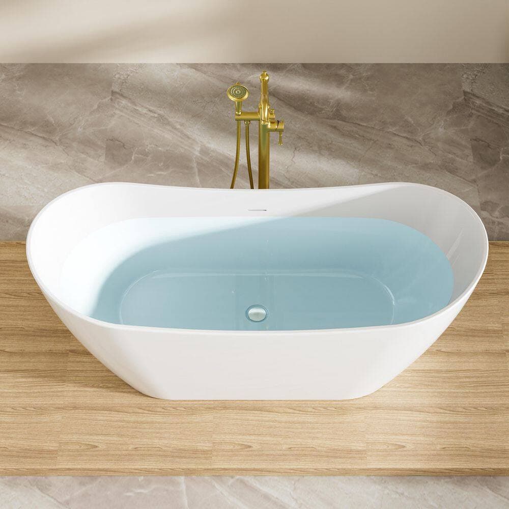 WELLFOR VELA 67 in. x 29 in. Freestanding Acrylic Double Slipper Soaking Bathtub in Glossy White with Chrome Center Drain (3)