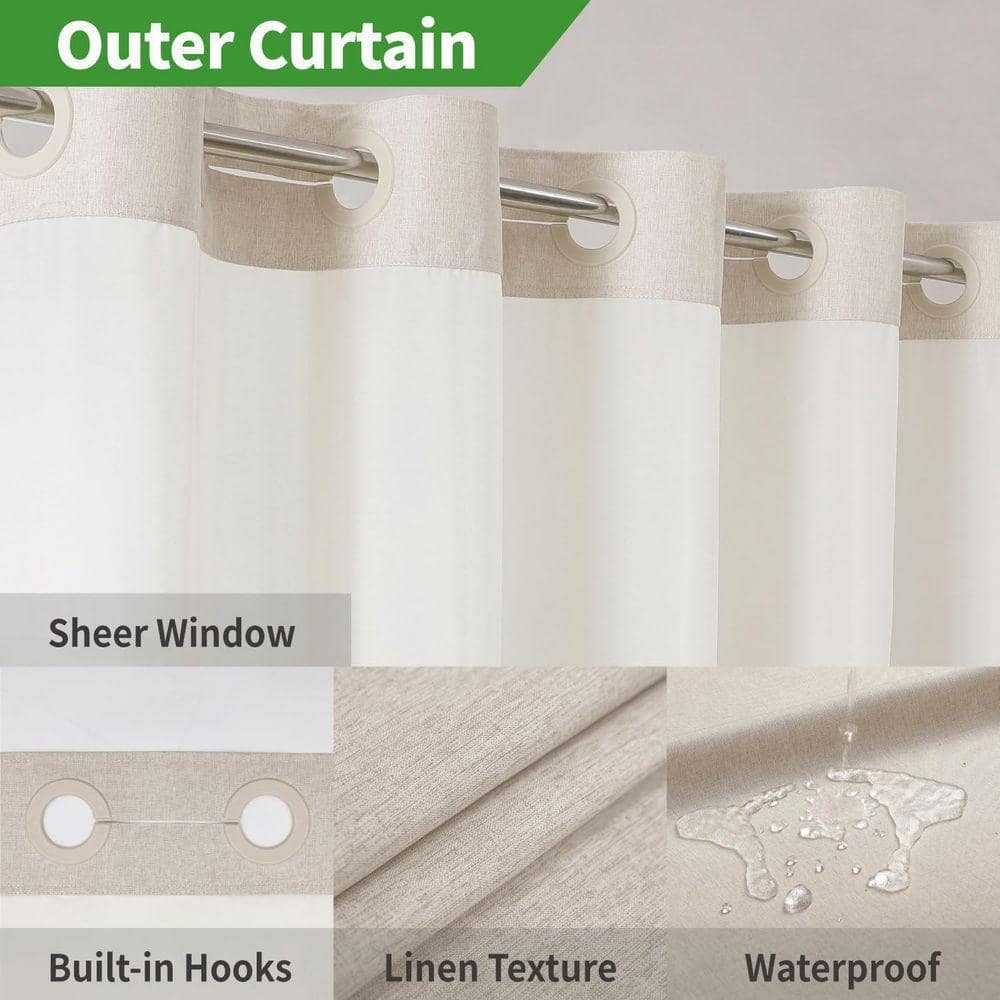 Unbranded 71 in. W x 74 in. L Polyester Shower Curtain Waterproof Snap-in Liner No Hooks Cream See Through Top Window (3)