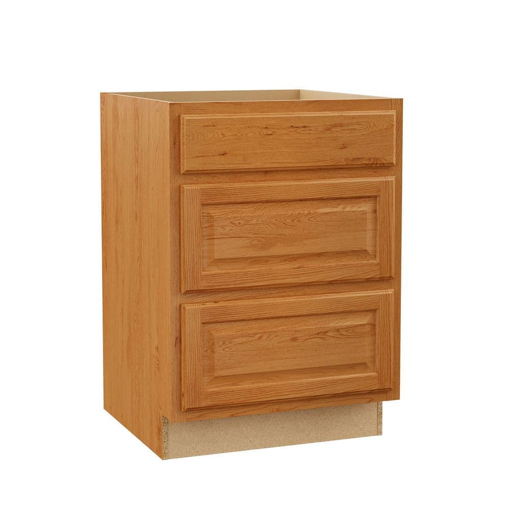 Hampton Bay Hampton 24 in. W x 24 in. D x 34.5 in. H Assembled 3-Drawer Base Kitchen Cabinet in Medium Oak