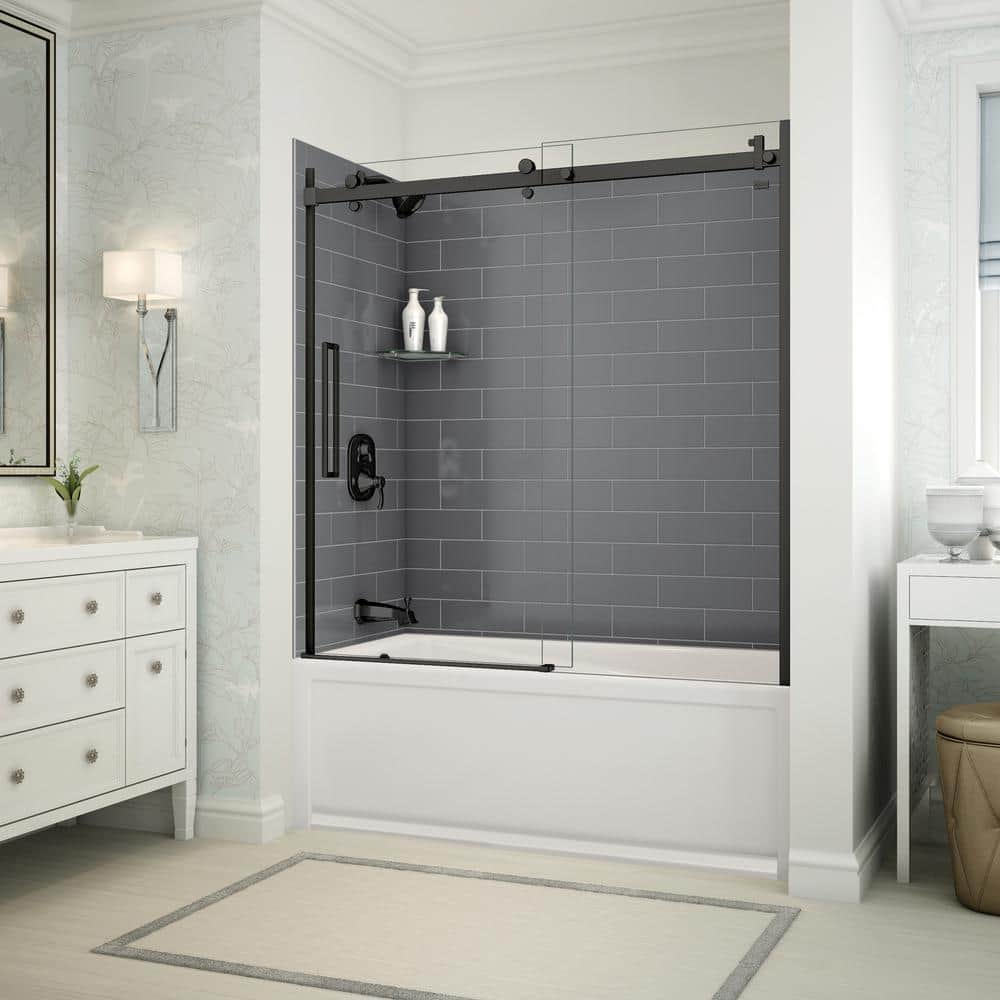 MAAX Utile Metro 32 in. x 60 in. x 81 in. Bath and Shower Combo in Thunder Grey, New Town Left Drain, Halo Door Matte Black