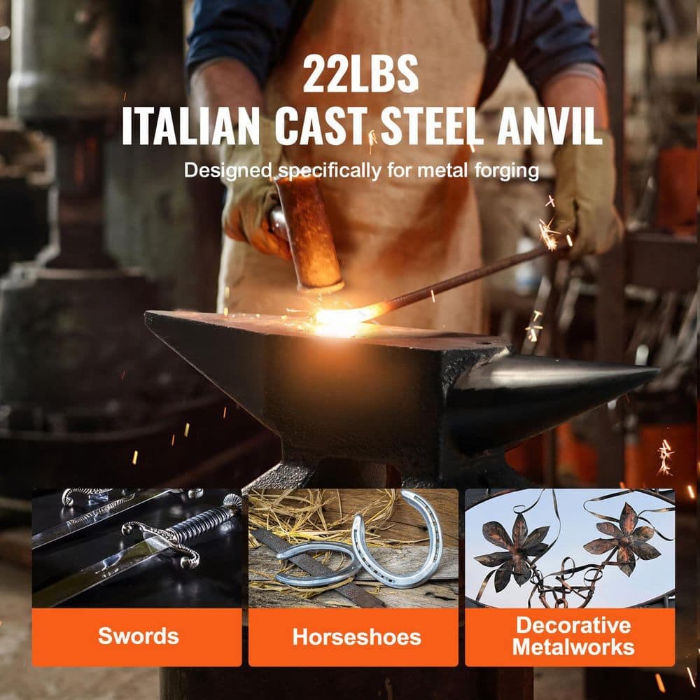 SKYSHALO Single Horn Anvil, 22 lbs. Cast Steel Anvil, High Hardness Rugged Round Horn Anvil Blacksmith, Large Countertop and Base (2)