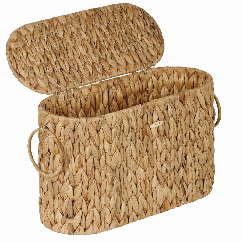 KHKFY Handwoven Water Hyacinth Slim Toilet Paper Storage Basket with Lid Holds 9 Mega Rolls in Natural Brown (1)