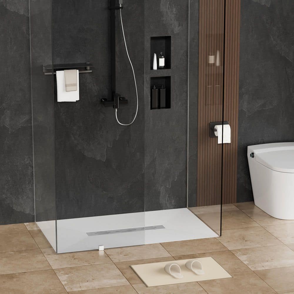 CASAINC 60 in. L 36 in. W Alcove Shower Pan Base SMC Composite Base with Stainless Steel Drain (2)