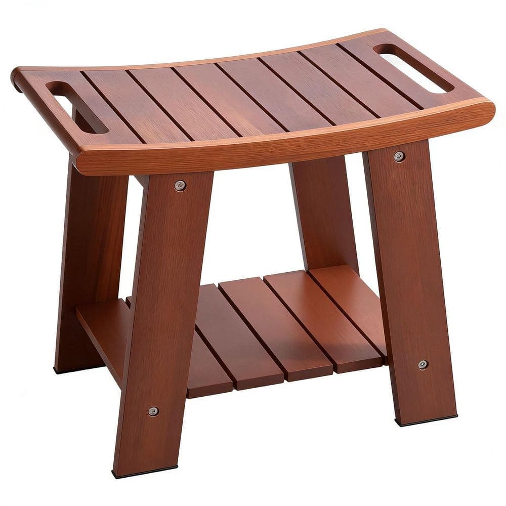 Numhew 15.7 in. 2-Tier Teak Shower Bench with Shelf and Handle, Solid Wood Shower Stool for Shaving Legs, Waterproof (1)